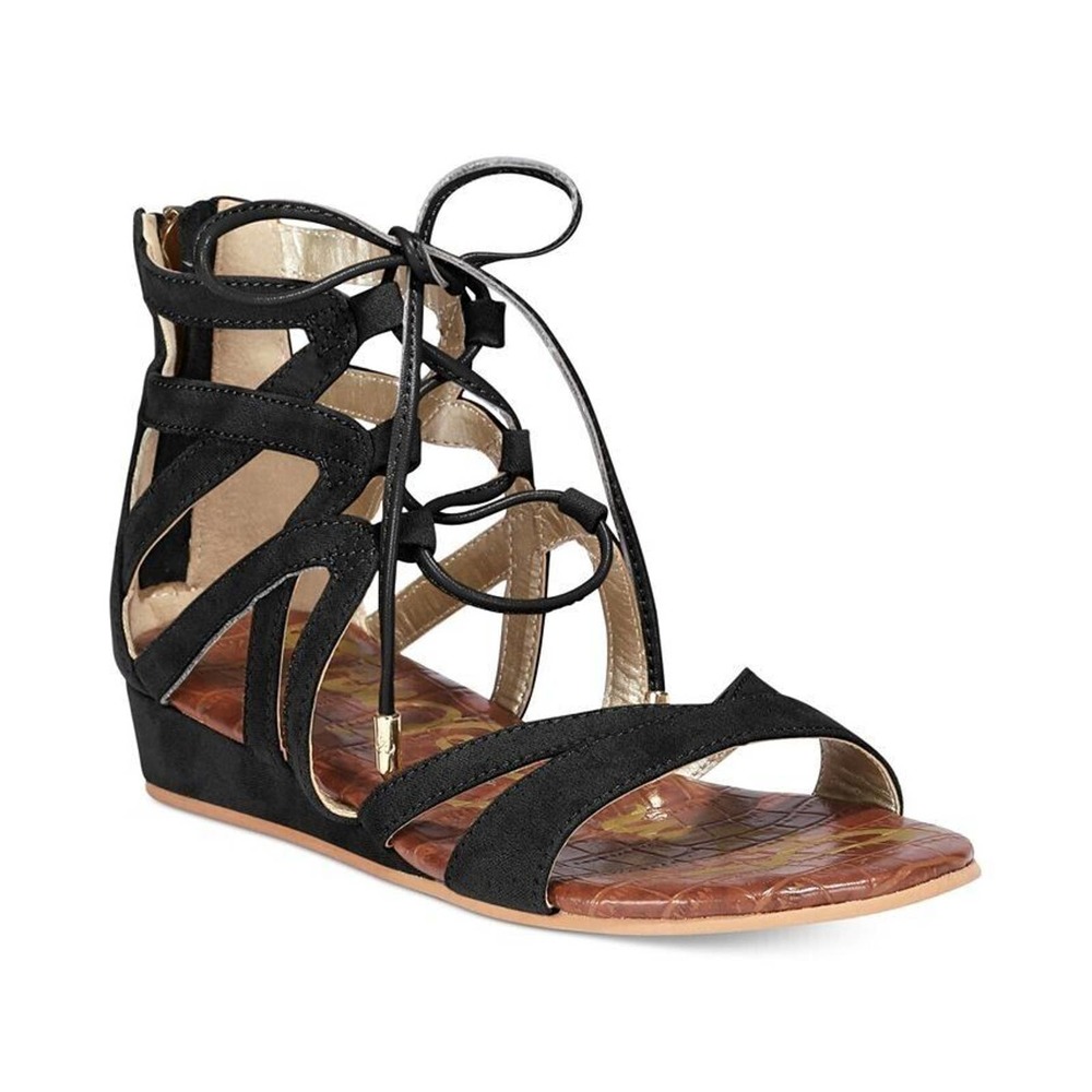 Sam Edelman Danica Sandal Flat Black Faux Suede Strappy Open Toe Lace Up…